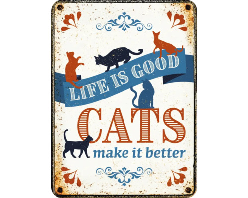 Decoratief bord met kattenmotief en de spreuk Het leven is goed. Katten maken het beter.