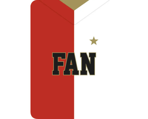 FAN belettering op een rood-witte achtergrond met ster