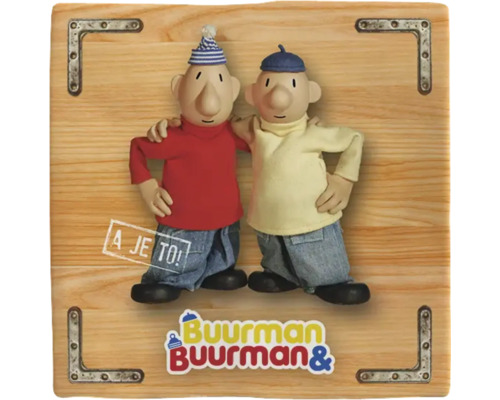 PLENTY GIFTS Decoratieve tegel keramiek Buurman & Buurman A-je-to II 10,8x10,8 cm De stripfiguren Pat en Mat, bekend als Buurman en Buurman, op een houten kist