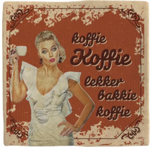 Retro koffiebord met vrouw en koffie tekst