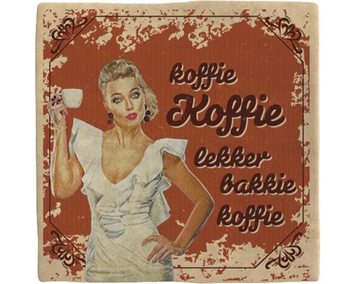 Retro koffiebord met vrouw en koffie tekst