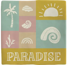 Vierkante afbeelding met strandthema''s en het woord ''Paradise''.