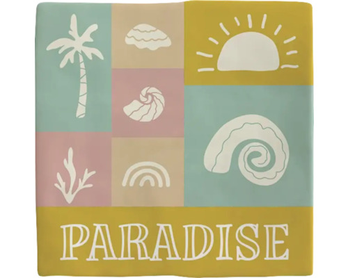 Vierkante afbeelding met strandthema''s en het woord ''Paradise''.