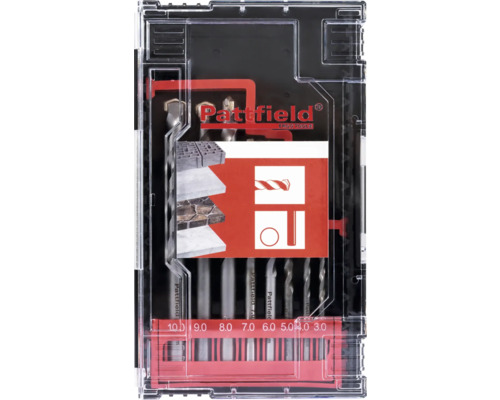 Pattfield steenboorset in transparante verpakking met verschillende maten.