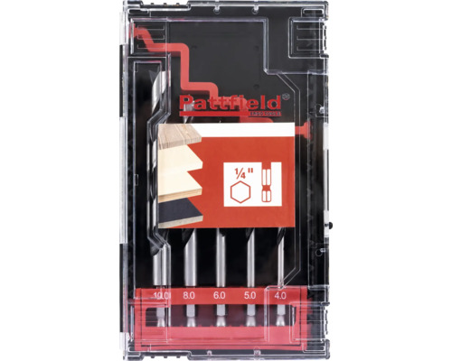 Pattfield houtboor set met vijf delen in een transparante opbergdoos