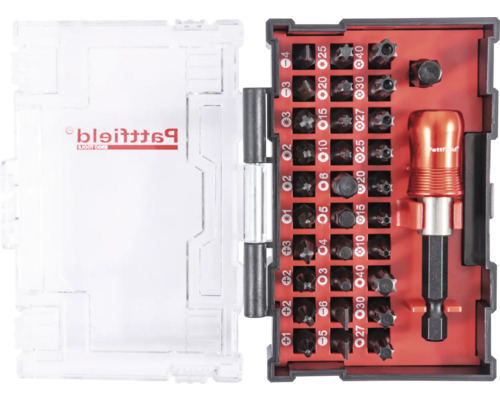 Pattfield Logo. Schroevendraaier met bitset in geopende behuizing.