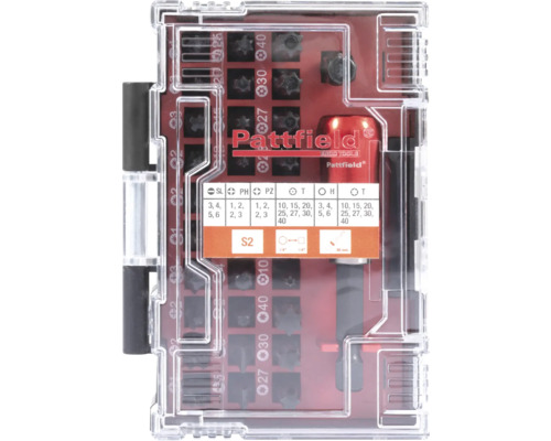 Pattfield bitset met diverse schroevendraaierbits in een transparante opbergdoos