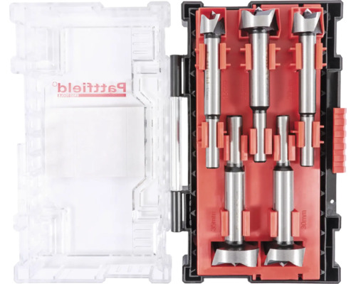 Forstnerboor set met verschillende maten in een transparante opbergdoos