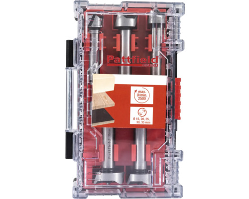 Pattfield Forstnerborenset in transparante doos met maatindicaties.