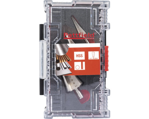 Rattfield logo in set met conische boren van high-speed staal in transparante box