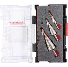 Trappenborenset met maten 4 tot 12 millimeter, 4 tot 20 millimeter en 4 tot 30 millimeter in plastic doos