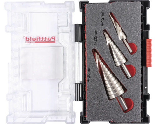 Trappenborenset met maten 4 tot 12 millimeter, 4 tot 20 millimeter en 4 tot 30 millimeter in plastic doos