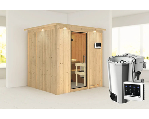 Sauna met saunakachel en bedieningspaneel in een lichte ruimte