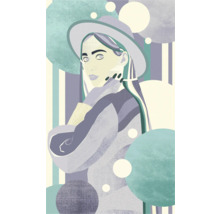 Illustratie van een vrouw met hoed voor een gestreepte en gestippelde achtergrond