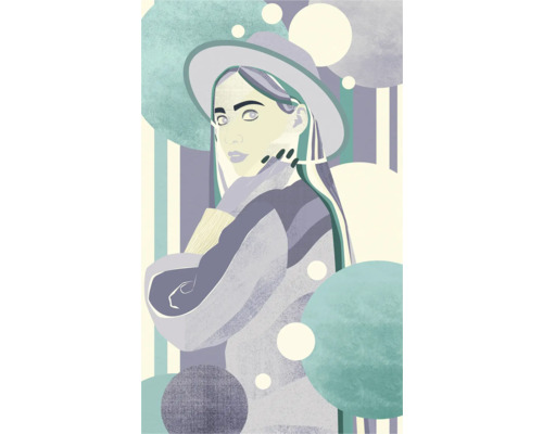 Illustratie van een vrouw met hoed voor een gestreepte en gestippelde achtergrond