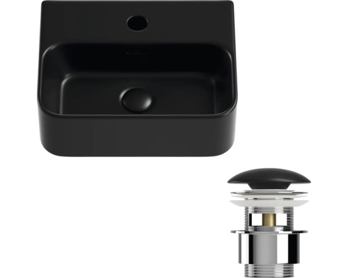 Zwarte keramische waskom met afvoergarnituur