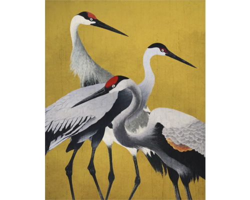 KOMAR Fotobehang vlies FLX4-053 Yellow Cranes 200x250 cm Schilderij met drie kraanvogels op doek