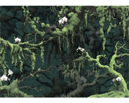KOMAR Fotobehang vlies FLX7-019 Orch-Idee 350x250 cm Behang met jungle motief, takken, mos en orchideeën