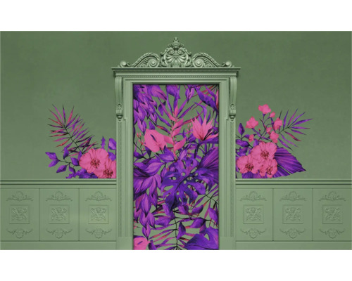 KOMAR Fotobehang vlies FLX8-002 Duke Green lambrisering 400x250 cm Decoratieve muurschildering met bloemmotief en stucwerkframe