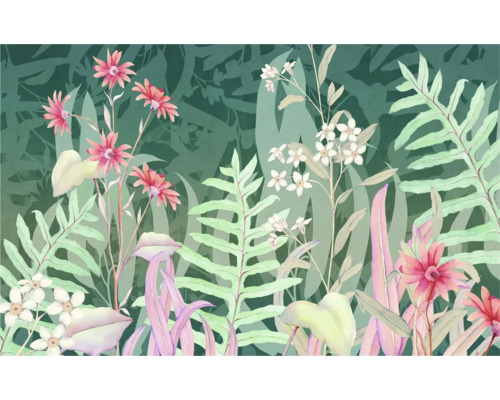 KOMAR Fotobehang vlies FLX8-003 The Flower Duet 400x250 cm Bloemenbehang met floraal patroon van varens en bloemen