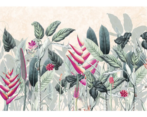 KOMAR Fotobehang vlies FLX7-020 Soft Jungle 350x250 cm Illustratie van een exotische plantenwereld als wanddecoratie.