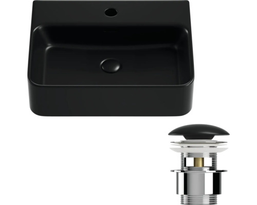 Zwarte keramische opzetwastafel met afvoergarnituur