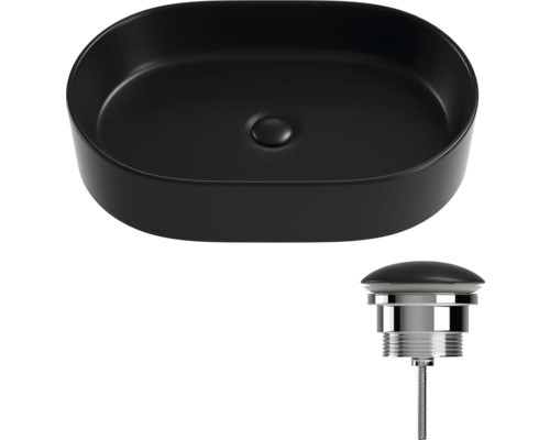 Zwarte keramische wastafel met afvoergarnituur