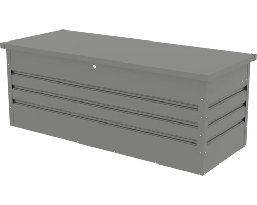 Grijze tuinkist van metaal voor het opbergen van tuingereedschap
