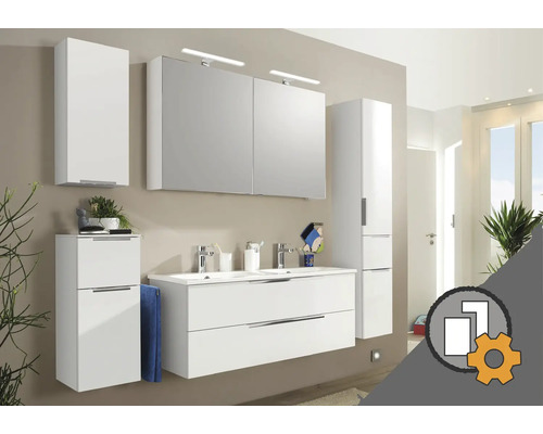 JUNGBORN Badmeubel Ventuno op maat Moderne badkamerset met witte kasten, dubbele wastafel en spiegelkast met verlichting.