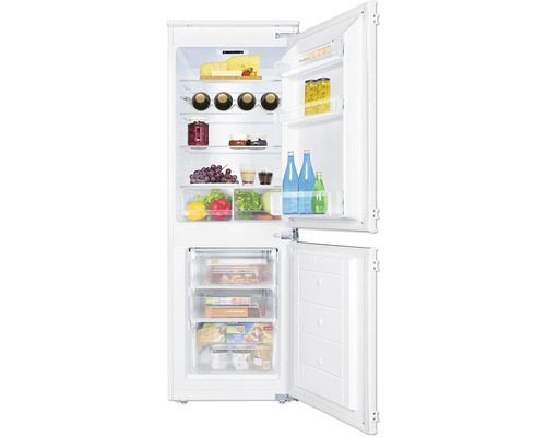 AMICA EKGCS 385 911 Inbouw koel-vriescombinatie Geopende koelkast gevuld met diverse levensmiddelen