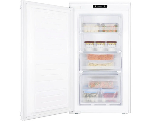 Vriezer met open deur en verschillende lades met voedsel