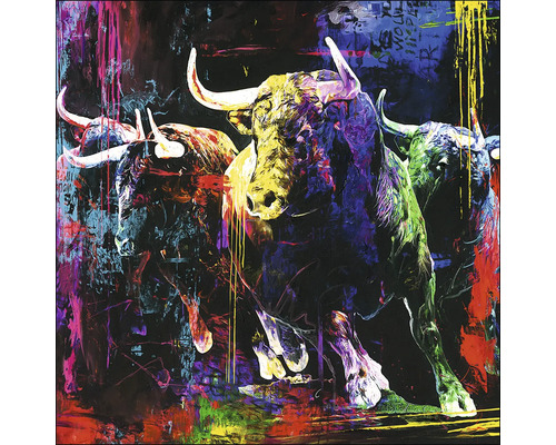 Schilderij met drie stieren in verschillende kleuren