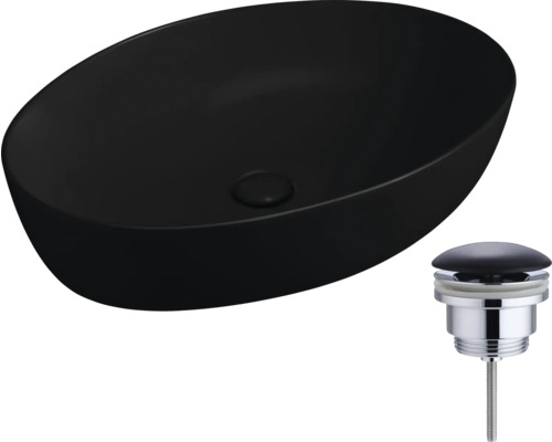 Zwarte keramische opzetwastafel met afvoergarnituur