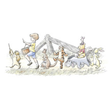Illustratie van Christopher Robin, Winnie de Poeh, Knorretje, Iejoor, Teigetje, Kanga, Roe en Uil die aan het marcheren zijn