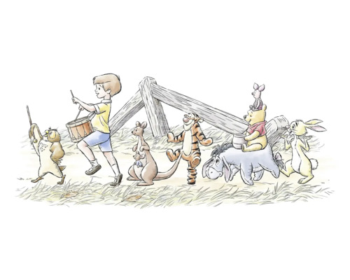 KOMAR Fotobehang vlies DX2-172 Disney Winnie The Poeh Walk Along 250x100 cm Illustratie van Christopher Robin, Winnie de Poeh, Knorretje, Iejoor, Teigetje, Kanga, Roe en Uil die aan het marcheren zijn