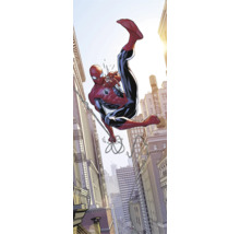 Stripafbeelding van Spider-Man die door een stad slingert