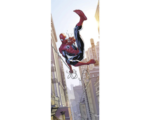 Stripafbeelding van Spider-Man die door een stad slingert