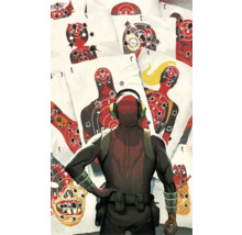 Illustratie van een persoon met een hoofdtelefoon, staande voor schietdoelen.