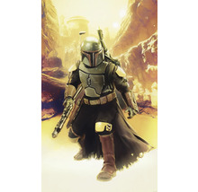 Illustratie van een figuur in harnas met geweer in een woestijnlandschap