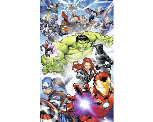 Comicillustratie van verschillende Avengers-personages in actie