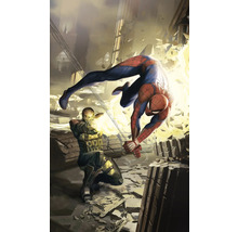 Spider-Man ontwijkt een tegenstander in een verwoeste omgeving.