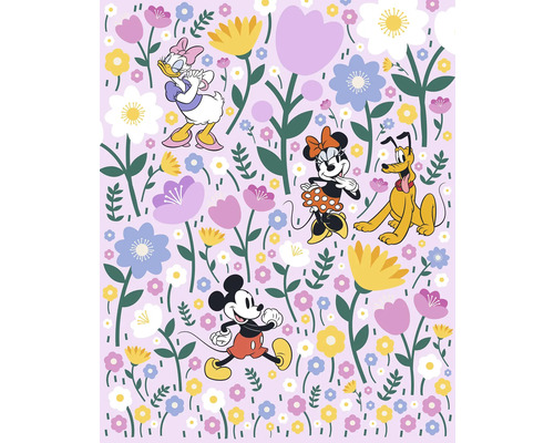 KOMAR Fotobehang vlies DX4-175 Disney Mickey en Minnie Mouse 200x250 cm Illustratie met de Disneyfiguren Mickey Mouse, Minnie Mouse, Donald Duck en Pluto in een bloementuin.