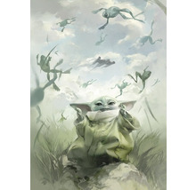 Schilderij van Baby Yoda met vliegende kikkers en ruimteschepen