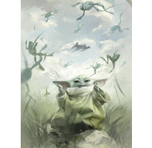 Schilderij van Baby Yoda met kikkers die in de lucht zwemmen