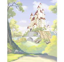 Illustratie van een kasteel op een heuvel met een brug