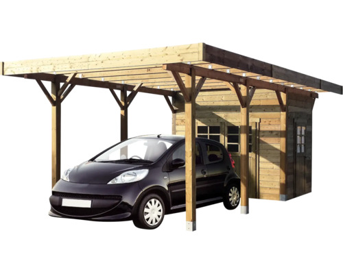 Houten carport met schuur en auto