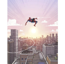 Comicillustratie van Spider-Man zwevend voor een stadsgezicht.