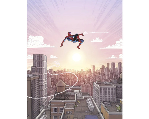 KOMAR Fotobehang vlies DX4-209 Marvel Spider-Man swinging 200x250 cm Comicillustratie van Spider-Man zwevend voor een stadsgezicht.