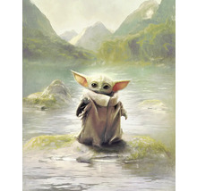 Schilderij van Baby Yoda op een rots in het water voor een berglandschap.