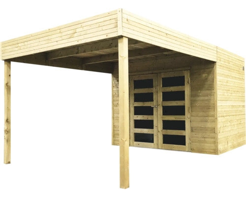 Houten tuinhuis met overdekt terras en dubbele deur